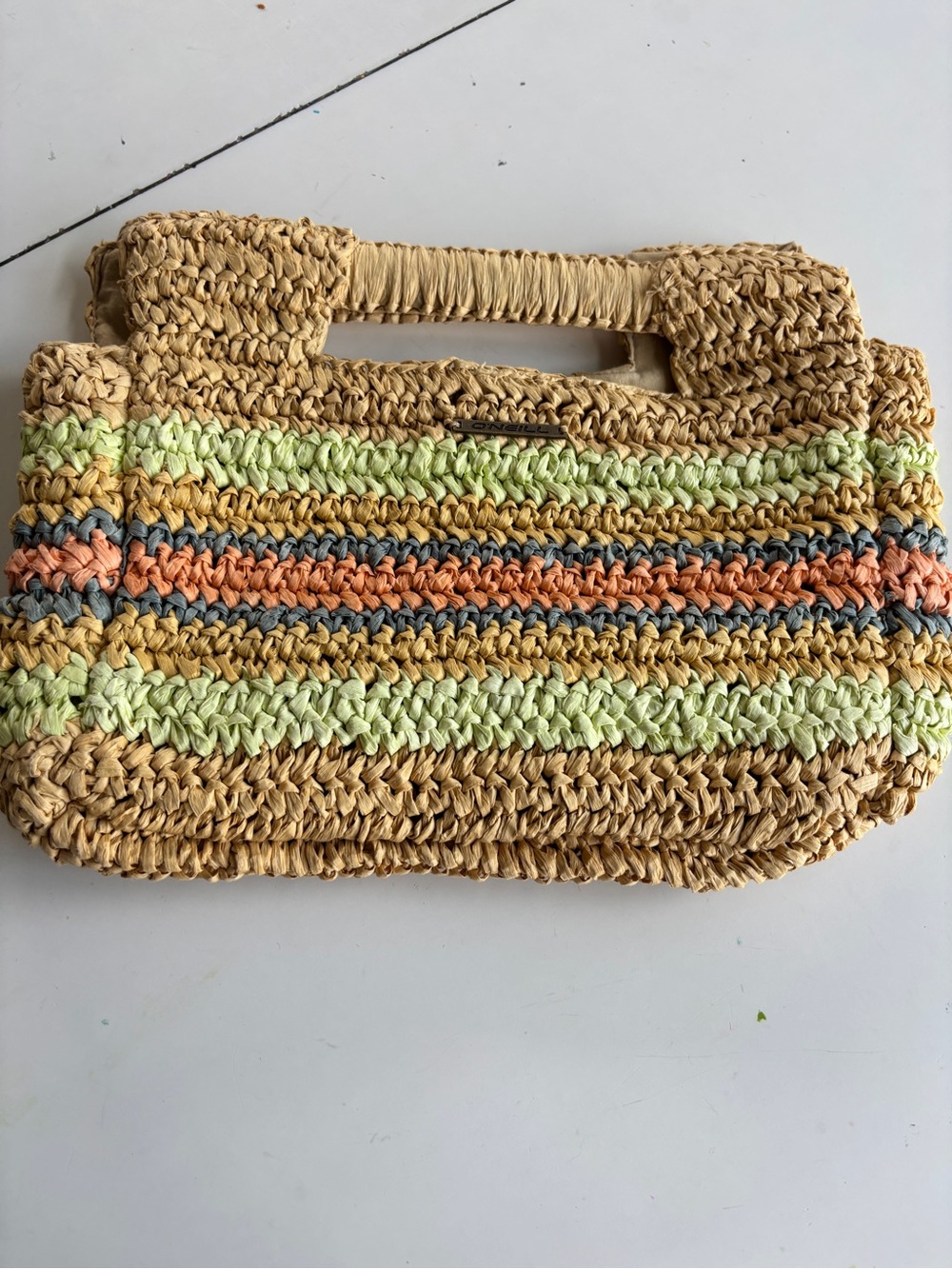 O'Neill Woven Straw Clutch with Green, Orange & Blue Stripes